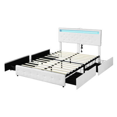 Versatile Queen Bed Frame RGB LED PU 4 Drawer USB - Scandi Inspired