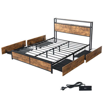 Compact Double Bed Frame RGB LED 4 Drawers USB - Premium Quality Build