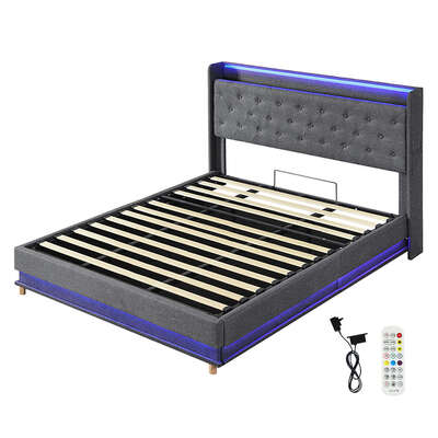 Functional King Bed Frame Gas Lift Storage LED Light USB - Sleek