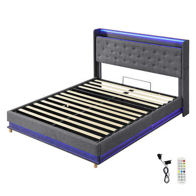 Modern Queen Bed Frame Gas Lift LED Light - Soft Cushion Classic