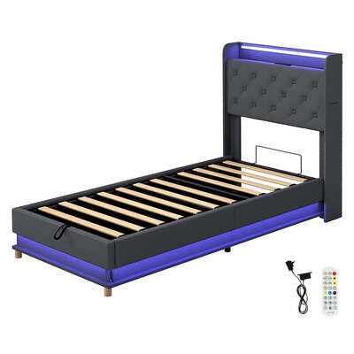 Contemporary Single Bed Frame Gas Lift Storage LED Light USB - Soft