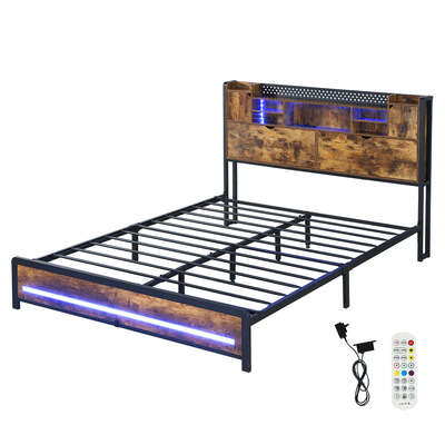 Luxury Queen Bed Frame Storage Headboard Industrial - Foldable