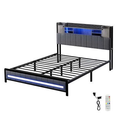 Luxury Queen Bed Frame with Storage Headboard RGB LED - Adjustable