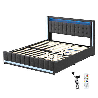 Modern King Bed Frame Fabric Storage Drawer LED USB - Soft Cushion