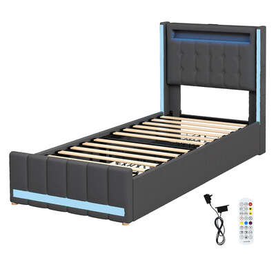Luxury Single Bed Frame Fabric Storage Drawer LED USB - Sleek Modern