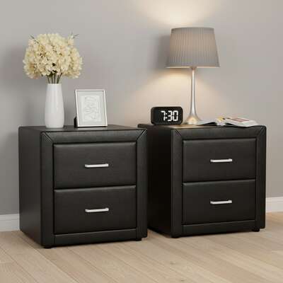 Bedside Table 2 Drawer Side Table Leather Black 2 Pack
