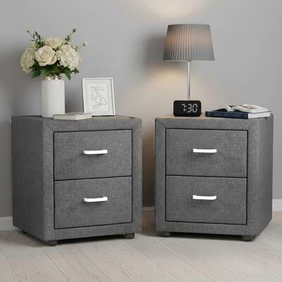 Bedside Table 2 Drawer Side Table Fabric Grey 2 Pack