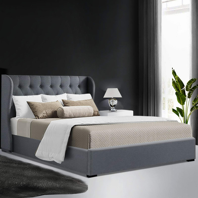  Double Full Size Gas Lift Bed Frame Base With Storage Mattress Grey Fabric Wooden