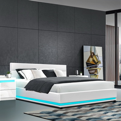RGB LED Bed Frame King Size Gas Lift Base Storage White Leather LUMI