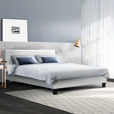 Bed Frame Queen Size Base Mattress Platform Full Size Leather Wooden White NEO