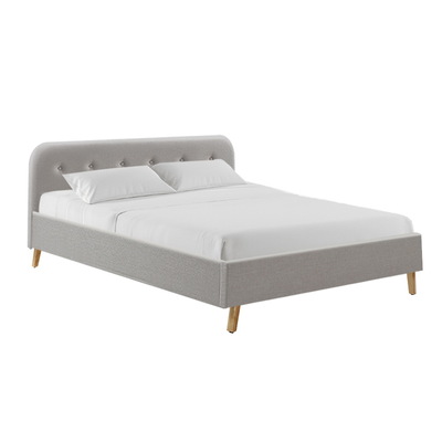 Queen Size Bed Frame Base Mattress Fabric Wooden Beige POLA