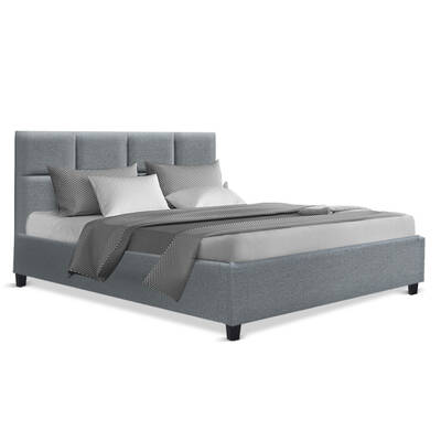 Double Full Size Bed Frame Base Mattress Fabric Wooden Grey TINO