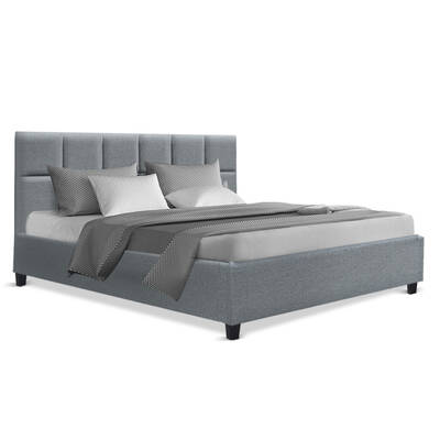 King Size Bed Frame Base Mattress Fabric Wooden Grey TINO