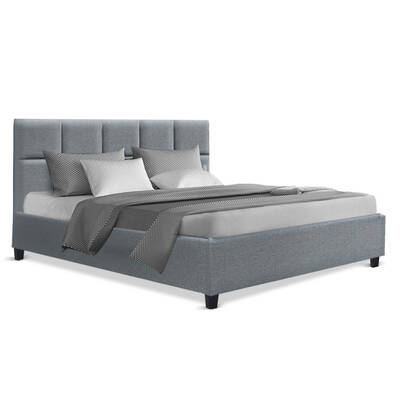 Queen Size Bed Frame Base Mattress Fabric Wooden Grey TINO