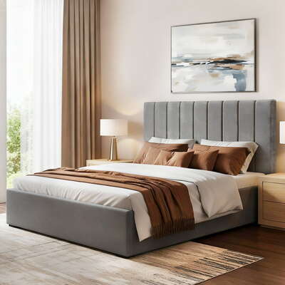 Double Bed Frame With Storage Grey Velvet Headboard Gas Lift Base