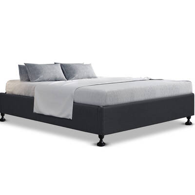 Double Size Bed Base Frame Mattress Platform Fabric Wooden Charcoal TOMI