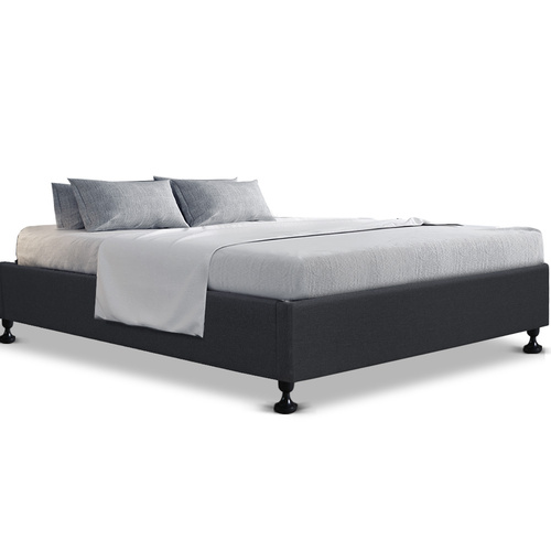King Size Bed Base Frame Mattress Platform Fabric Wooden Charcoal TOMI