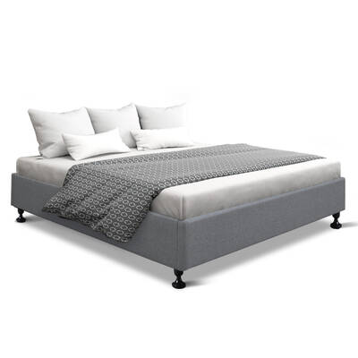 King Size Bed Base Frame Mattress Platform Fabric Wooden Grey TOMI