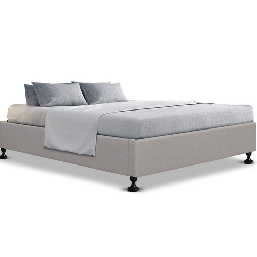 King Single Size Bed Base Frame Mattress Platform Fabric Wooden Beige TOMI