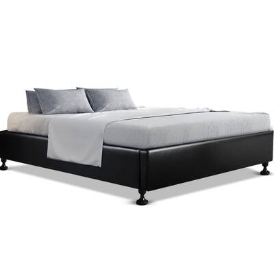 Queen Size Bed Base Frame Mattress Platform Leather Wooden Black TOMI