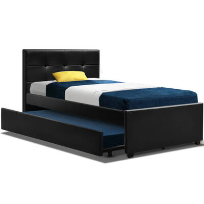 King Single Size Trundle Bed Frame  Headboard - Black