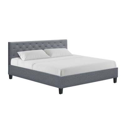 King Size Bed Frame Base Mattress Platform Fabric Wooden Grey VAN