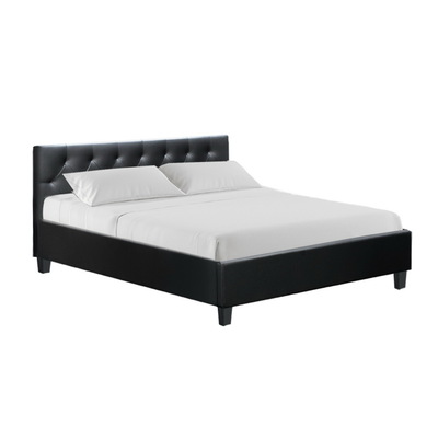 Queen Size Bed Frame Base Mattress Wooden Black Leather VANKE