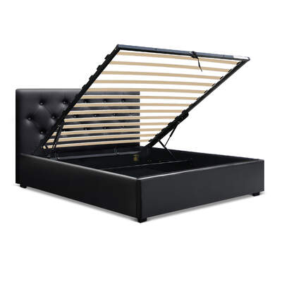  King Single Size Gas Lift Bed Frame Base Mattress Platform Leather Wooden Black WARE