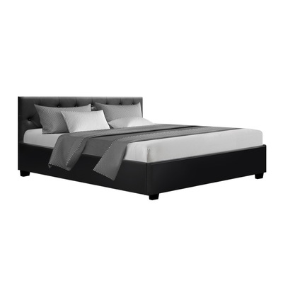 Queen Size Gas Lift Bed Frame Base Mattress Platform Leather Wooden Black WARE