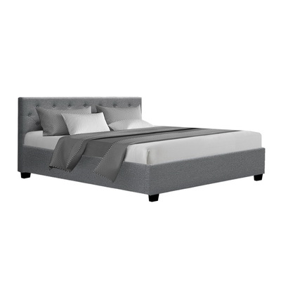 Queen Size Gas Lift Bed Frame Base Mattress Platform Fabric Wooden Grey WARE