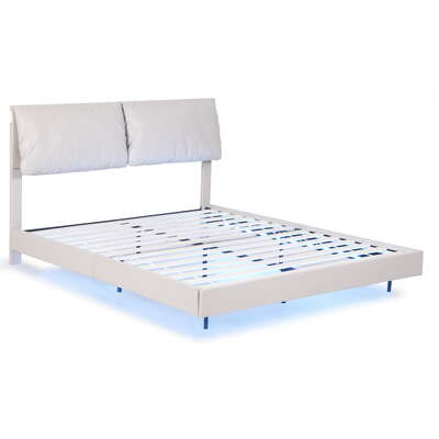 Queen Bed Frame Rgb Led Floating Beds Adjustable Headboard Beige