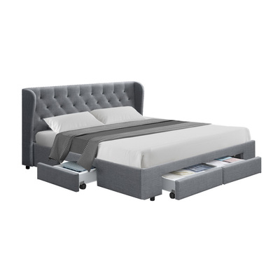 King Size Bed Frame Base With Storage Drawer Grey Fabric MILA