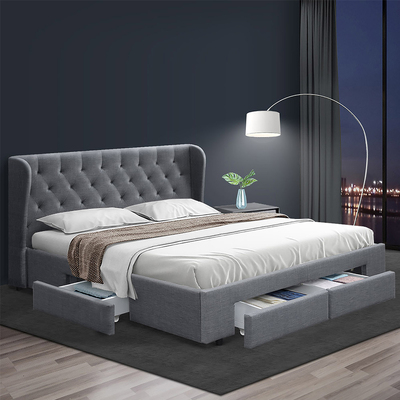 Bed Frame Queen Size with 4 Drawers Grey MILA