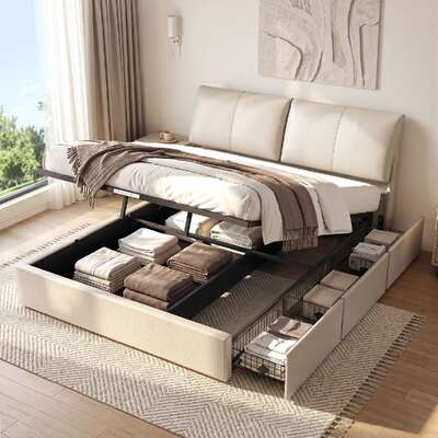King Bed Frame Gas Lift Storage Drawers Headboard | EXTG