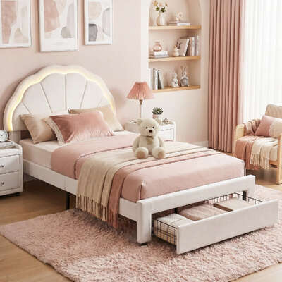 King Single Bed Frame with Storage Drawer Upholstered Velvet Platform Bed LED Headboard Premium Quality Design
