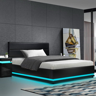 Bed Frame King Single Size LED Gas Lift Black LUMI