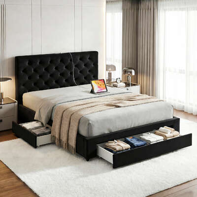 Bed Frame Double Upholstered with Storage Drawers and USB Type-C Charging