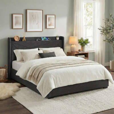 King Bed Frame Gas Lift Storage Bed with Charging Ports Upholstered Geometric Headboard Charcoal Grey