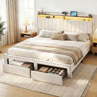 King Upholstered Bed Frame with Shelf Storage Drawers Charging Station Mood Lighting Linen
