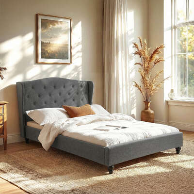 Double Bed Frame Wingback Grey Linen Upholstered Platform Bed Base