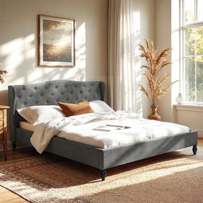 King Bed Frame With Wingback Headboard Grey Linen Upholstered Platform Base