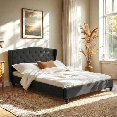 Queen Bed Frame Wingback Charcoal Grey Linen Upholstered Platform Bed Base