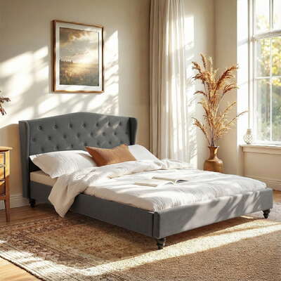 Queen Bed Frame With Wingback Headboard Grey Linen Upholstered Platform Base