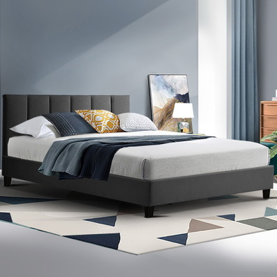Bed Frame Double Size Mattress Base Platform Fabric Wooden Charcoal