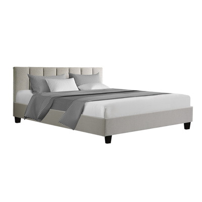 Bed Frame Queen Size Mattress Base Platform Fabric Wooden Beige