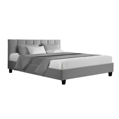 Bed Frame Queen Size Mattress Base Platform Fabric Wooden Grey