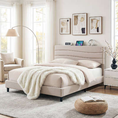 Queen Bed Frame with Storage Adjustable Headboard Platform Base Linen Fabric Charging Ports