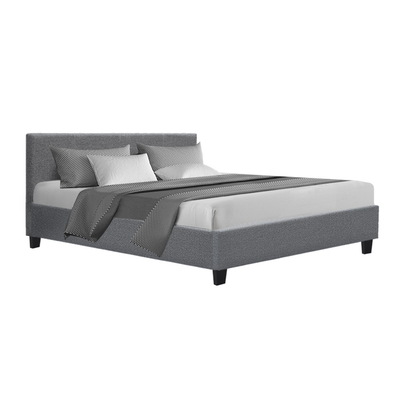 Bed Frame Queen Size Base Mattress Platform Full Size Fabric Wooden Grey NEO