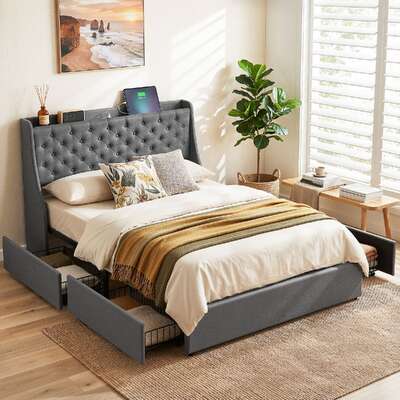 Double Bed Frame Storage Drawers Charging Station | EXTG