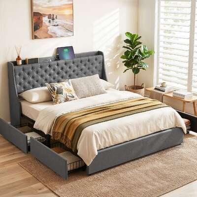King Bed Frame Storage Drawers Charging Station | EXTG